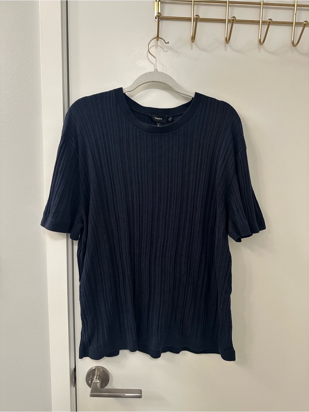 Theory Navy Ribbed Crewneck Short-Sleeve Tee